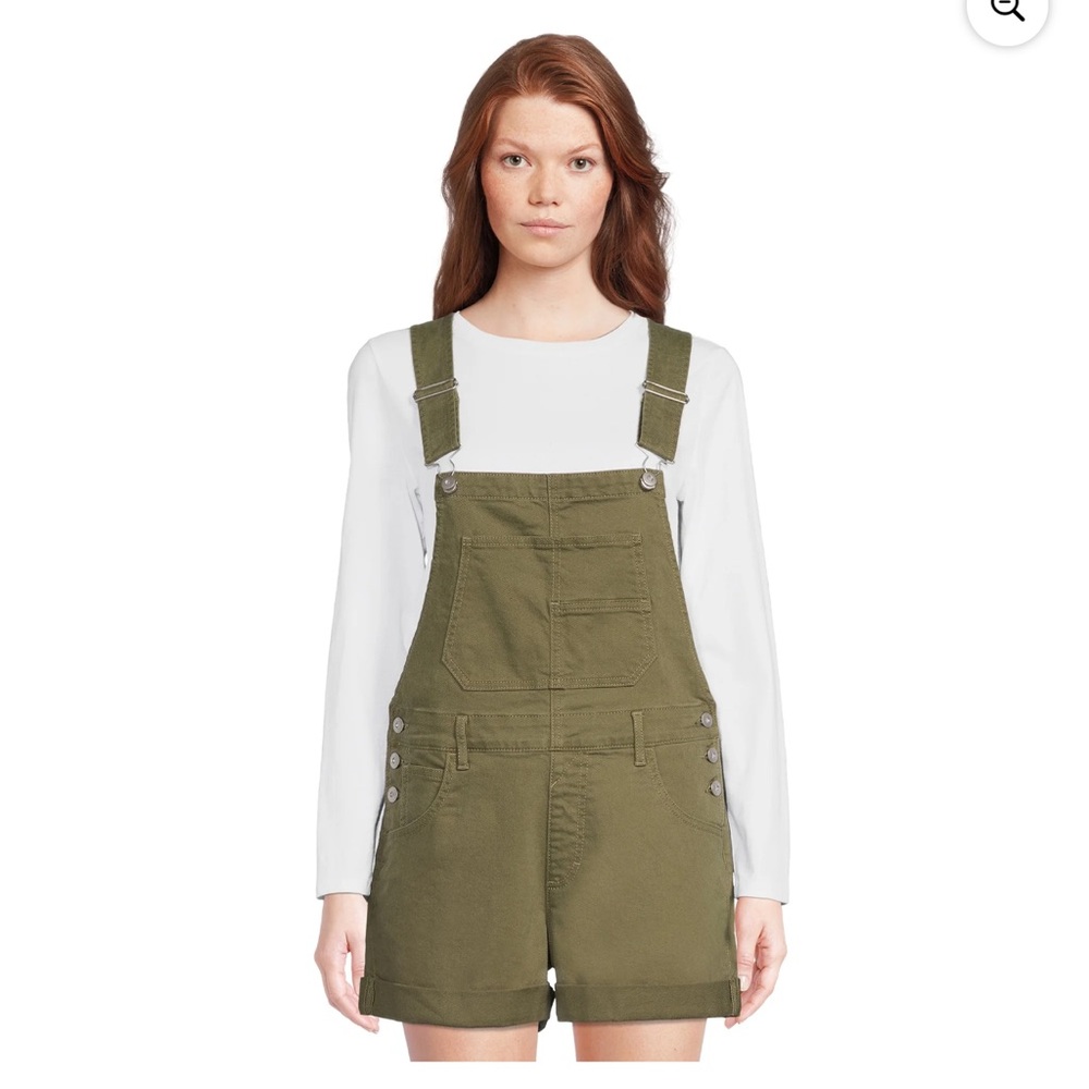 No Boundaries Olive Juniors' Relaxed Boyfriend Shortalls (Size: L 11-13)